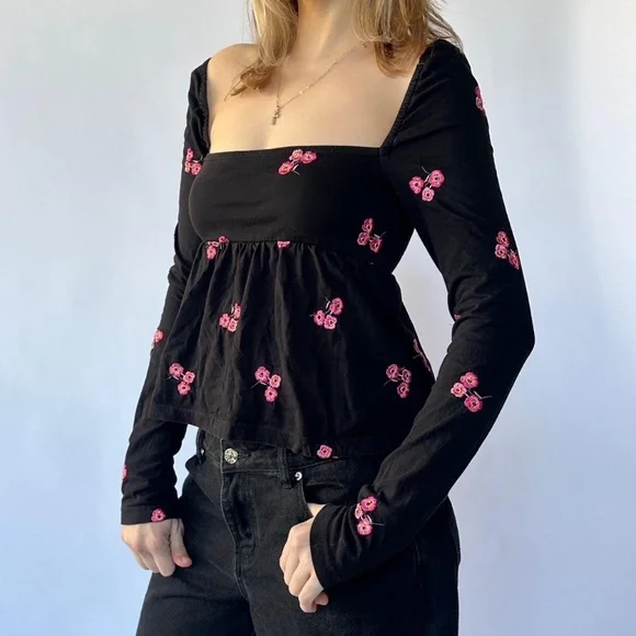 Babydoll Top Square Neck Floral Print 4 - Picture 2 of 3